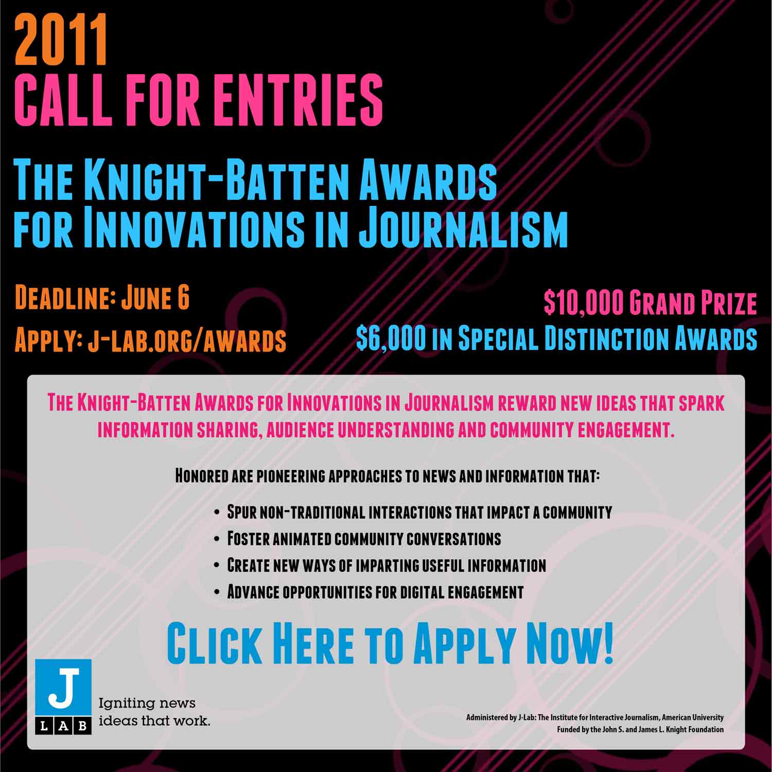 Apply now for the Knight-Batten Awards for Innovations in Journalism. $10,000 Grand Prize!